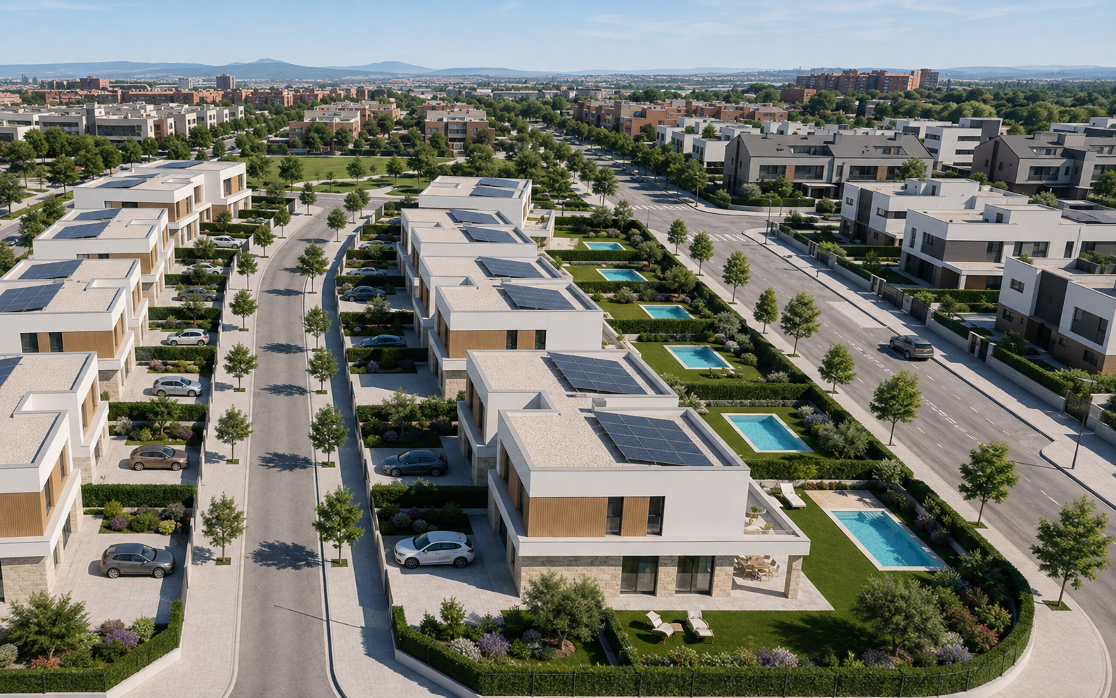 Vista aérea de un residencial contemporáneo en Madrid con jardines, paneles solares y albercas privadas